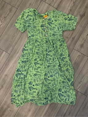 Ken Done Down Under Green Print Midi Dress Button Front Size XLarge